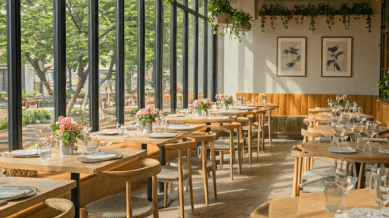 The interior design of Quoriam Food is cozy and pleasant. It includes low lighting, beautiful decorations,